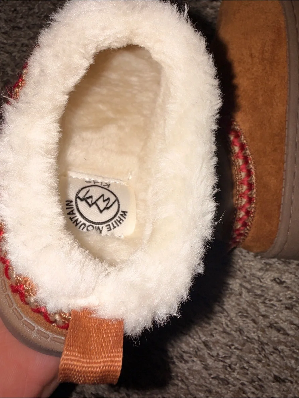 White Mountain Chestnut Faux-Suede Shearling Lined Slip-Ons with Red Trim